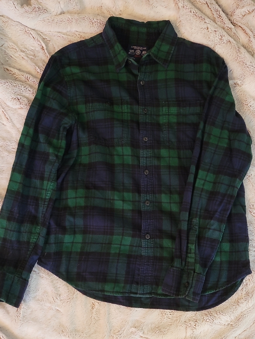 American Eagle Outfitters Green and Navy Plaid Button-Up Shirt